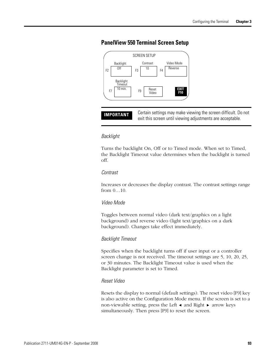Panelview 550 terminal screen setup, Backlight, Contrast | Video mode, Backlight timeout, Reset video | Rockwell Automation 2711 Standard PanelView Operator Terminal User Manual User Manual | Page 93 / 292