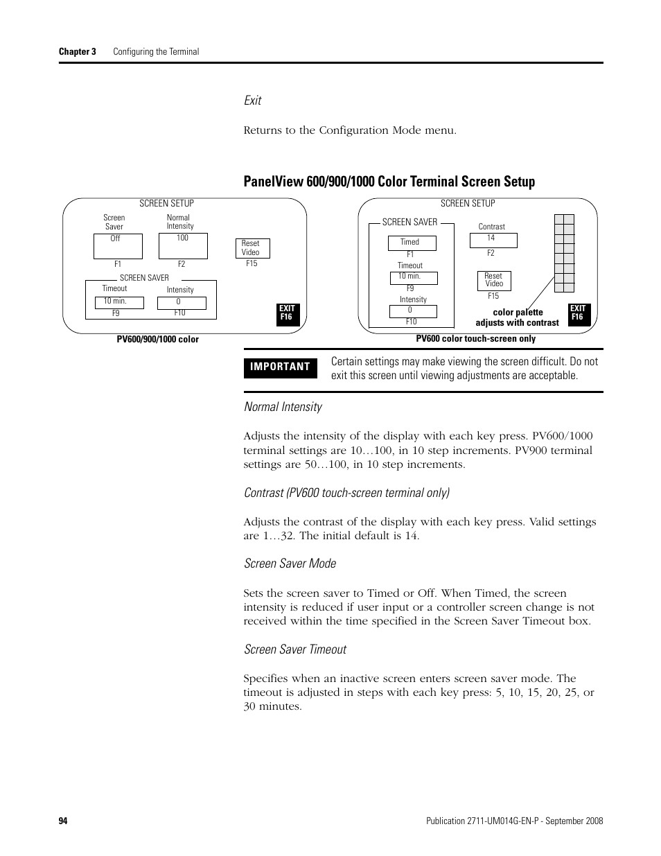 Panelview 600/900/1000 color terminal screen setup, Exit, Normal intensity | Contrast (pv600 touch-screen terminal only), Screen saver mode, Screen saver timeout | Rockwell Automation 2711 Standard PanelView Operator Terminal User Manual User Manual | Page 94 / 292