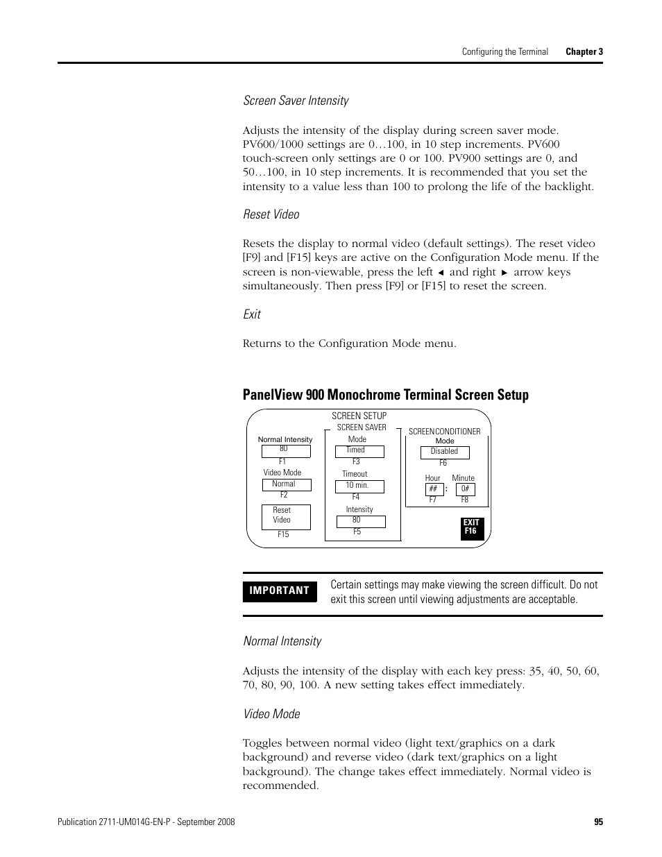 Panelview 900 monochrome terminal screen setup, Screen saver intensity, Reset video | Exit, Normal intensity, Video mode | Rockwell Automation 2711 Standard PanelView Operator Terminal User Manual User Manual | Page 95 / 292