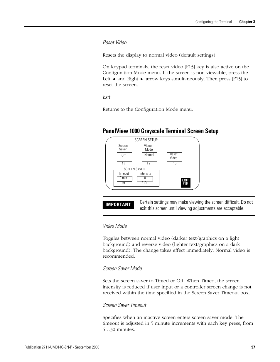 Panelview 1000 grayscale terminal screen setup, Reset video, Exit | Video mode, Screen saver mode, Screen saver timeout | Rockwell Automation 2711 Standard PanelView Operator Terminal User Manual User Manual | Page 97 / 292