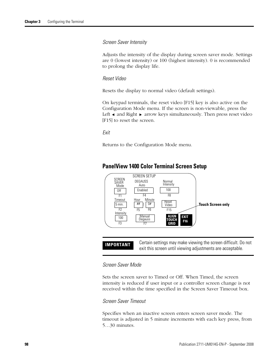 Panelview 1400 color terminal screen setup, Screen saver intensity, Reset video | Exit, Screen saver mode, Screen saver timeout | Rockwell Automation 2711 Standard PanelView Operator Terminal User Manual User Manual | Page 98 / 292