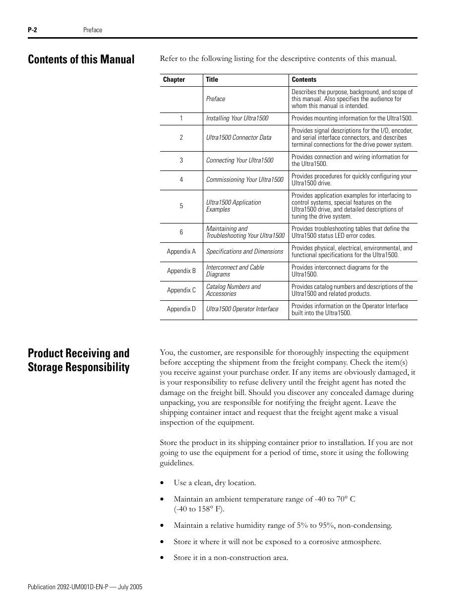 Contents of this manual, Product receiving and storage responsibility | Rockwell Automation 2092-DAx Ultra1500 User Manual User Manual | Page 10 / 204