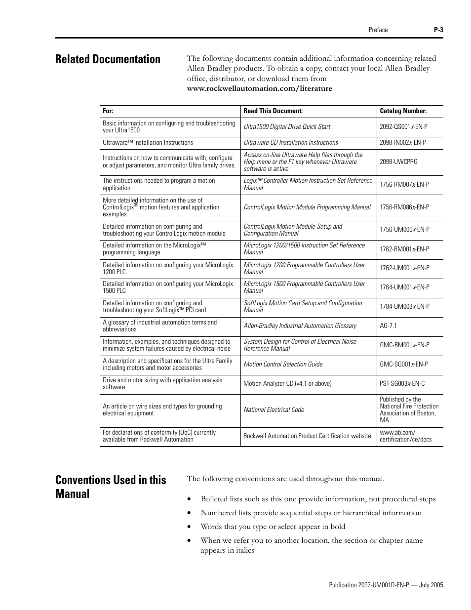 Related documentation, Conventions used in this manual | Rockwell Automation 2092-DAx Ultra1500 User Manual User Manual | Page 11 / 204