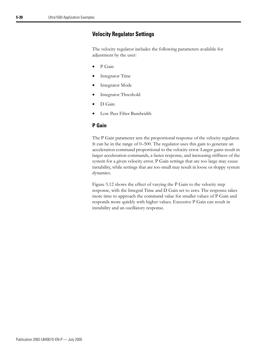 Velocity regulator settings, P gain, Velocity regulator settings -30 | P gain -30 | Rockwell Automation 2092-DAx Ultra1500 User Manual User Manual | Page 110 / 204