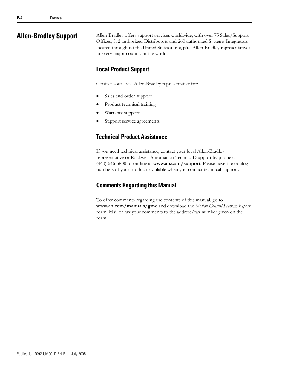 Allen-bradley support, Local product support, Technical product assistance | Comments regarding this manual | Rockwell Automation 2092-DAx Ultra1500 User Manual User Manual | Page 12 / 204