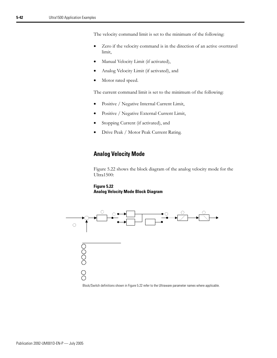 Analog velocity mode, Analog velocity mode -42, Figure 5.22 analog velocity mode block diagram | Rockwell Automation 2092-DAx Ultra1500 User Manual User Manual | Page 122 / 204