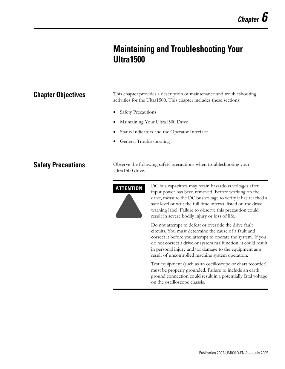 6 - maintaining and troubleshooting your ultra1500, Chapter objectives, Safety precautions | Chapter 6, Maintaining and troubleshooting your ultra1500, Chapter objectives -1 safety precautions -1 | Rockwell Automation 2092-DAx Ultra1500 User Manual User Manual | Page 127 / 204