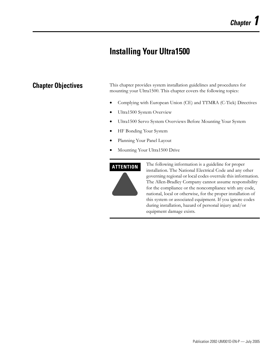 1 - installing your ultra1500, Chapter objectives, Chapter 1 | Installing your ultra1500, Chapter objectives -1 | Rockwell Automation 2092-DAx Ultra1500 User Manual User Manual | Page 13 / 204