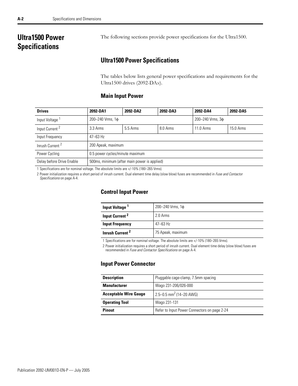 Ultra1500 power specifications, Main input power, Control input power | Input power connector, N ultra1500 power specifications, Ultra1500 power specifications in | Rockwell Automation 2092-DAx Ultra1500 User Manual User Manual | Page 136 / 204