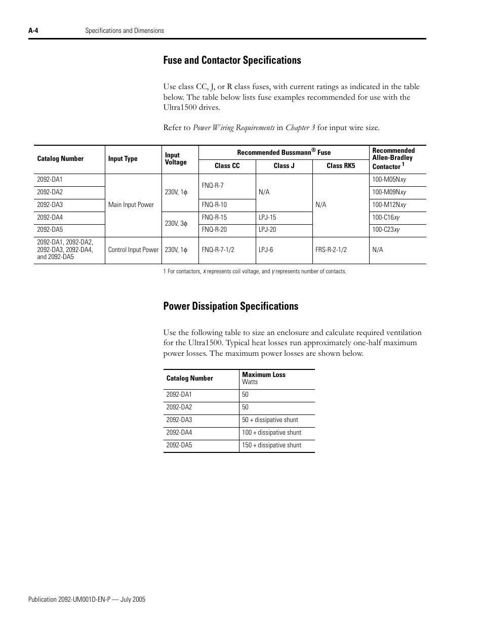 Fuse and contactor specifications, Power dissipation specifications, To fuse and contactor specifications in | Fuse and contactor, Specifications, Ge a-4 | Rockwell Automation 2092-DAx Ultra1500 User Manual User Manual | Page 138 / 204