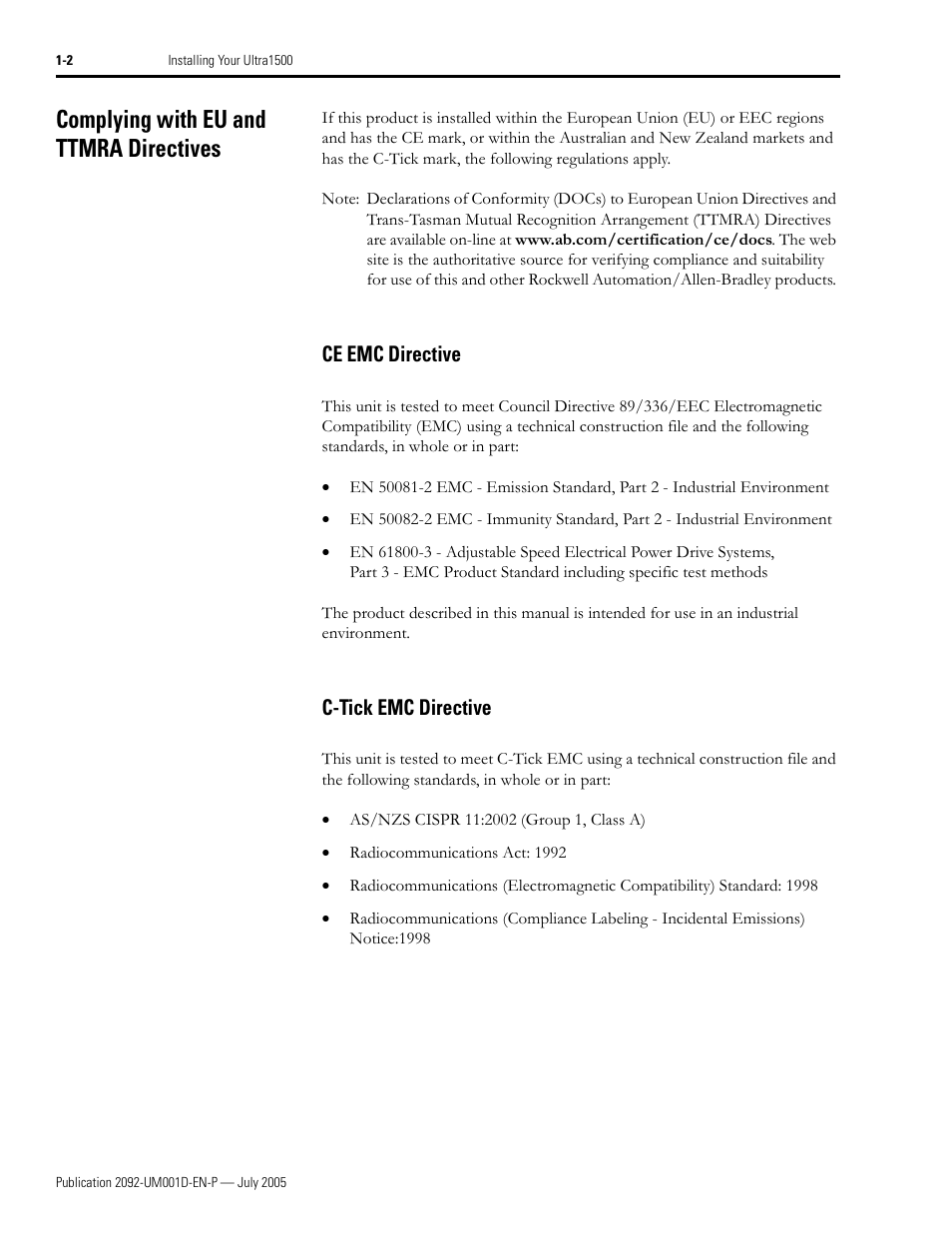 Complying with eu and ttmra directives, Ce emc directive, C-tick emc directive | Complying with eu and ttmra directives -2, Ce emc directive -2 c-tick emc directive -2 | Rockwell Automation 2092-DAx Ultra1500 User Manual User Manual | Page 14 / 204