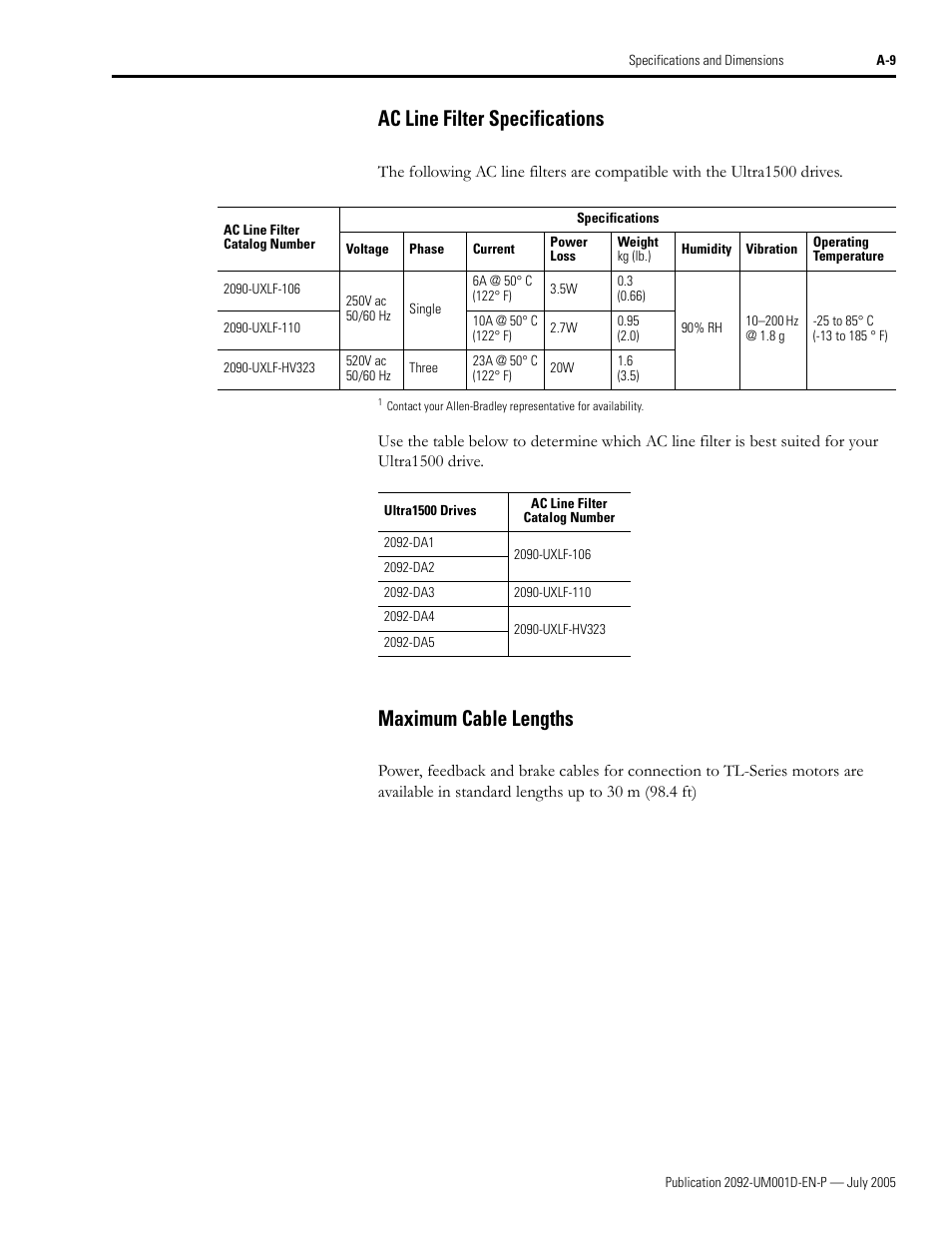 Ac line filter specifications, Maximum cable lengths | Rockwell Automation 2092-DAx Ultra1500 User Manual User Manual | Page 143 / 204