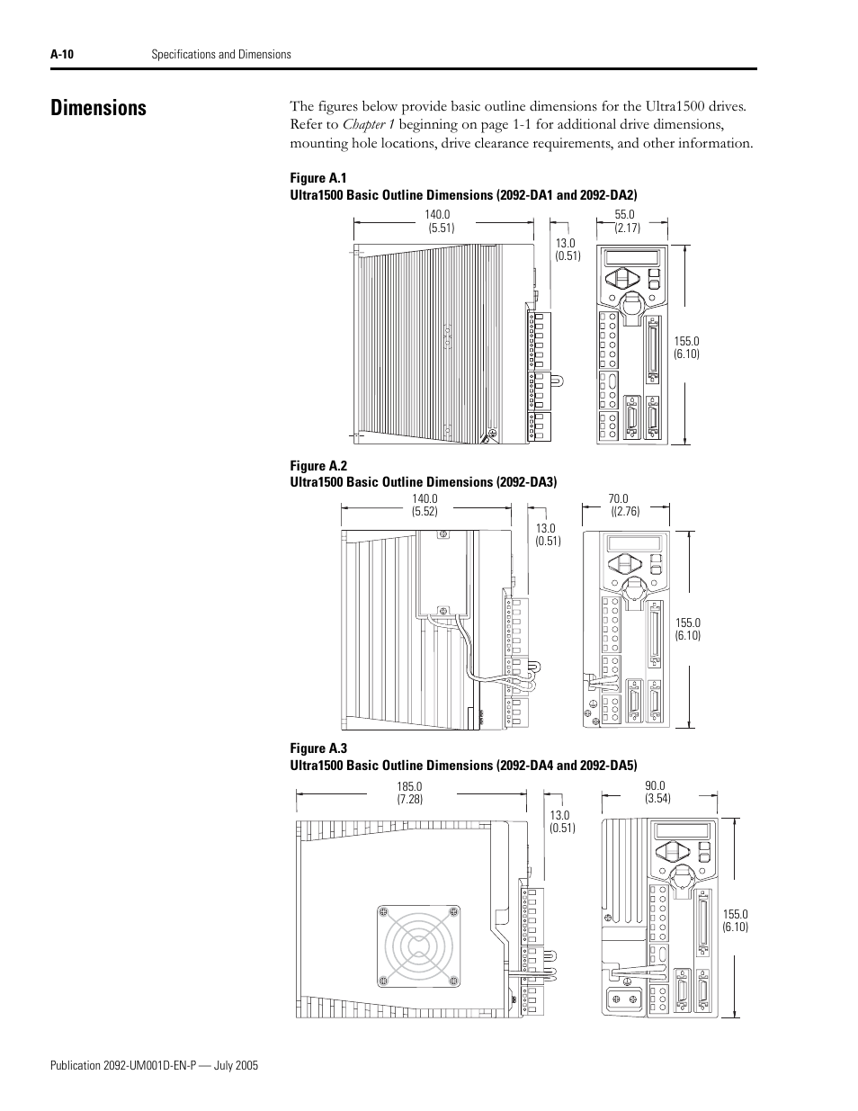 Dimensions | Rockwell Automation 2092-DAx Ultra1500 User Manual User Manual | Page 144 / 204