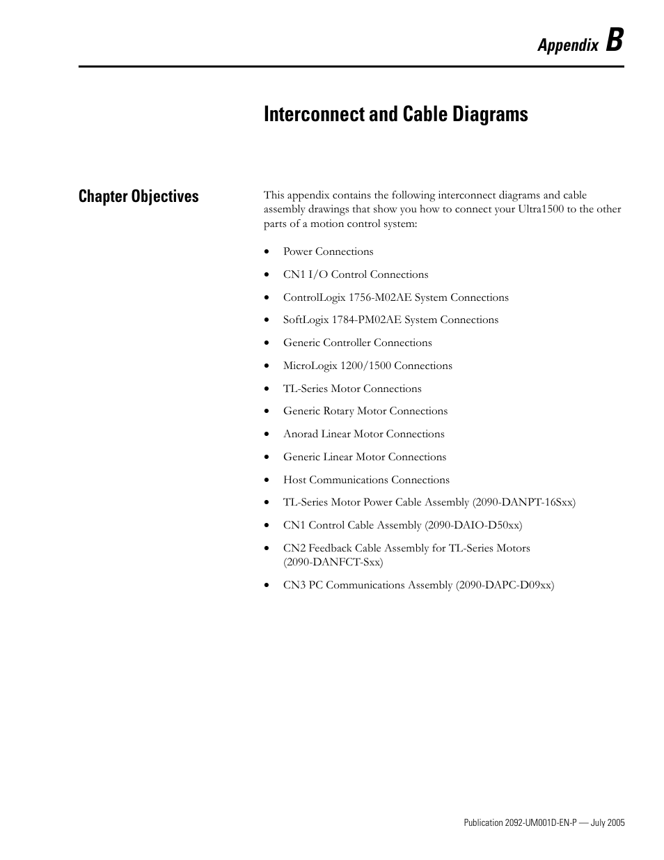 B - interconnect and cable diagrams, Chapter objectives, Appendix b | Interconnect and cable diagrams | Rockwell Automation 2092-DAx Ultra1500 User Manual User Manual | Page 145 / 204