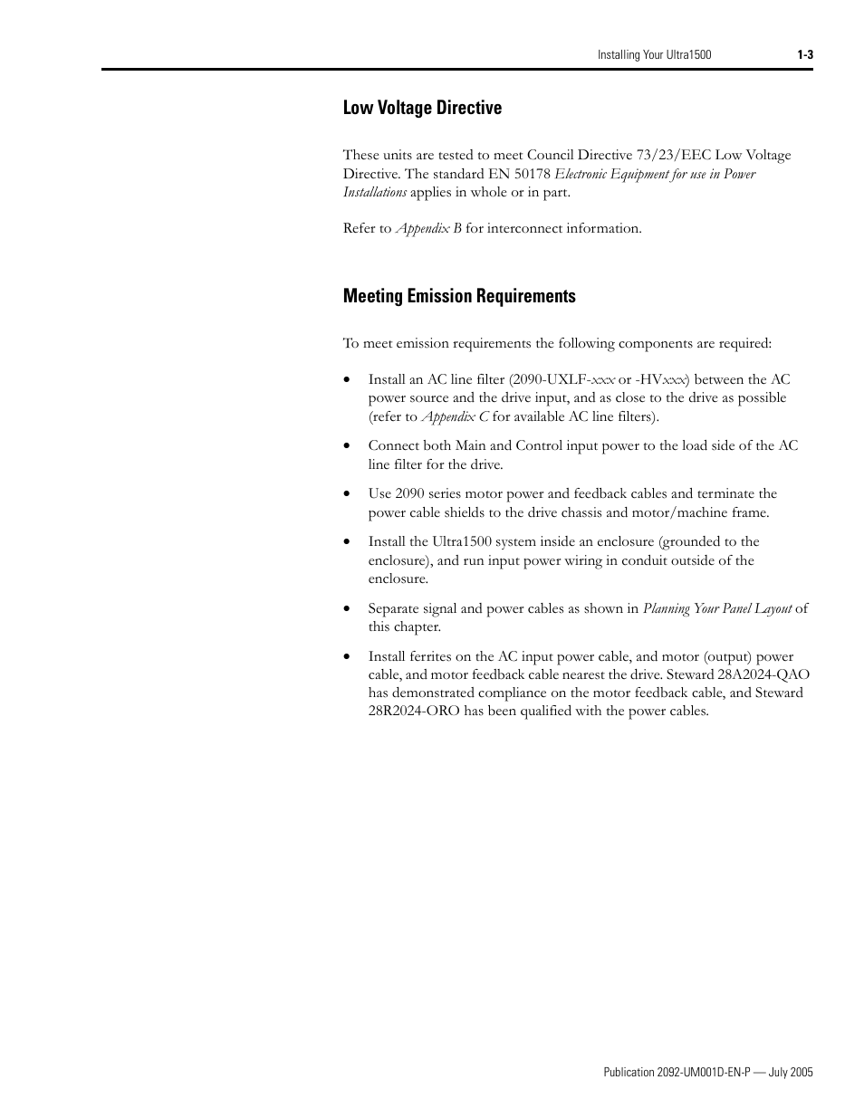 Low voltage directive, Meeting emission requirements | Rockwell Automation 2092-DAx Ultra1500 User Manual User Manual | Page 15 / 204