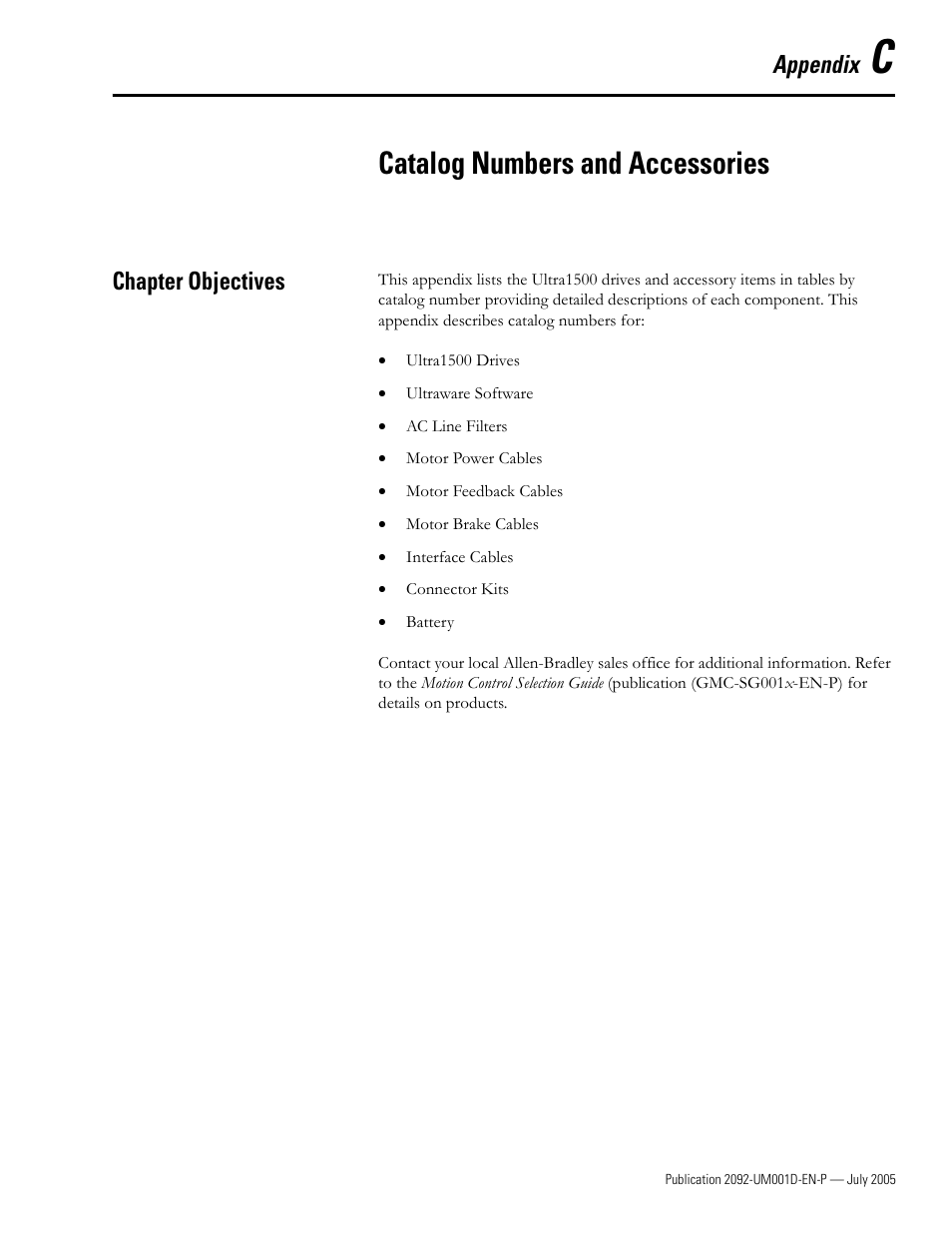 C - catalog numbers and accessories, Chapter objectives, Appendix c | Catalog numbers and accessories, Appendix c fo | Rockwell Automation 2092-DAx Ultra1500 User Manual User Manual | Page 161 / 204