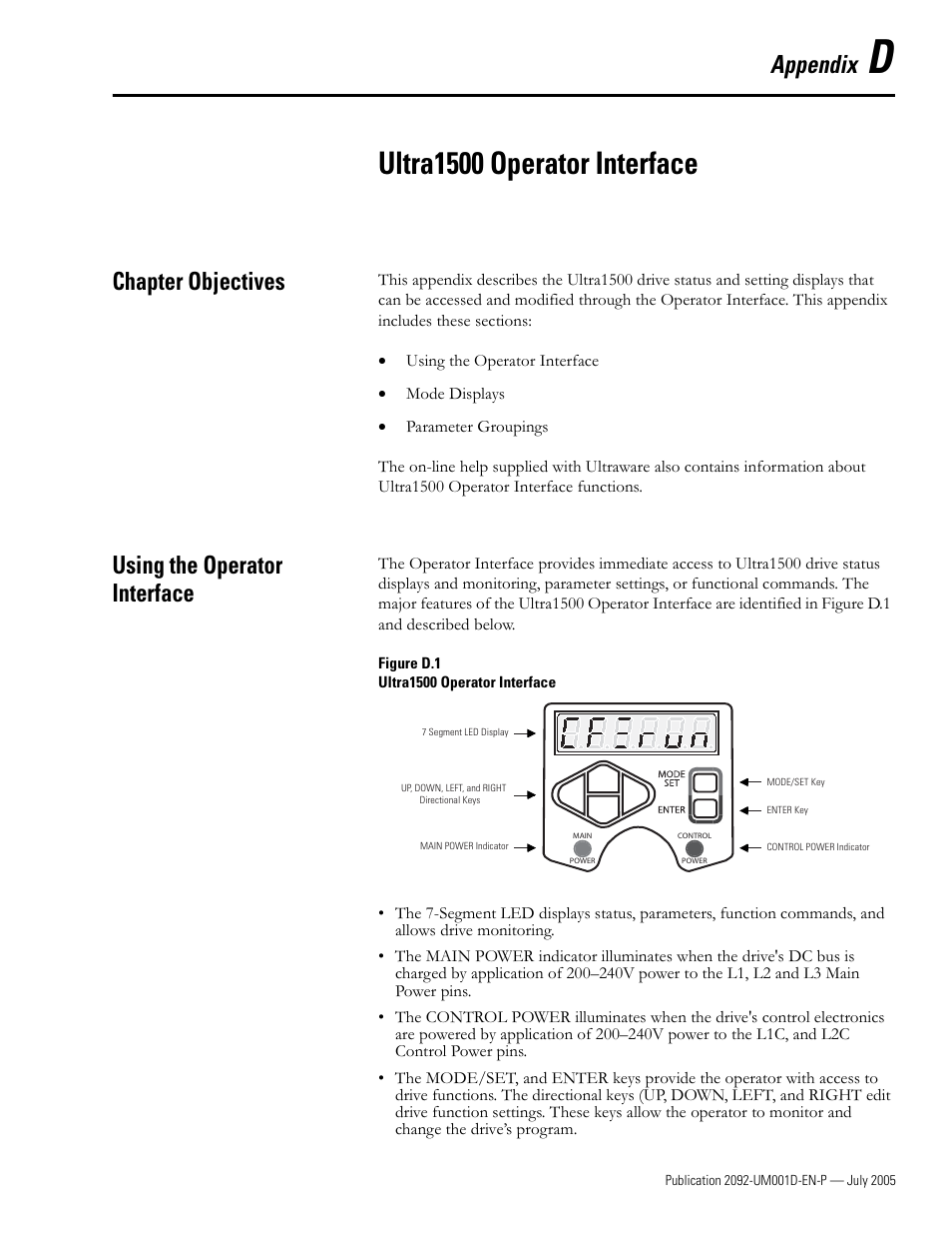 D - ultra1500 operator interface, Chapter objectives, Using the operator interface | Appendix d, Ultra1500 operator interface, Appendix | Rockwell Automation 2092-DAx Ultra1500 User Manual User Manual | Page 165 / 204