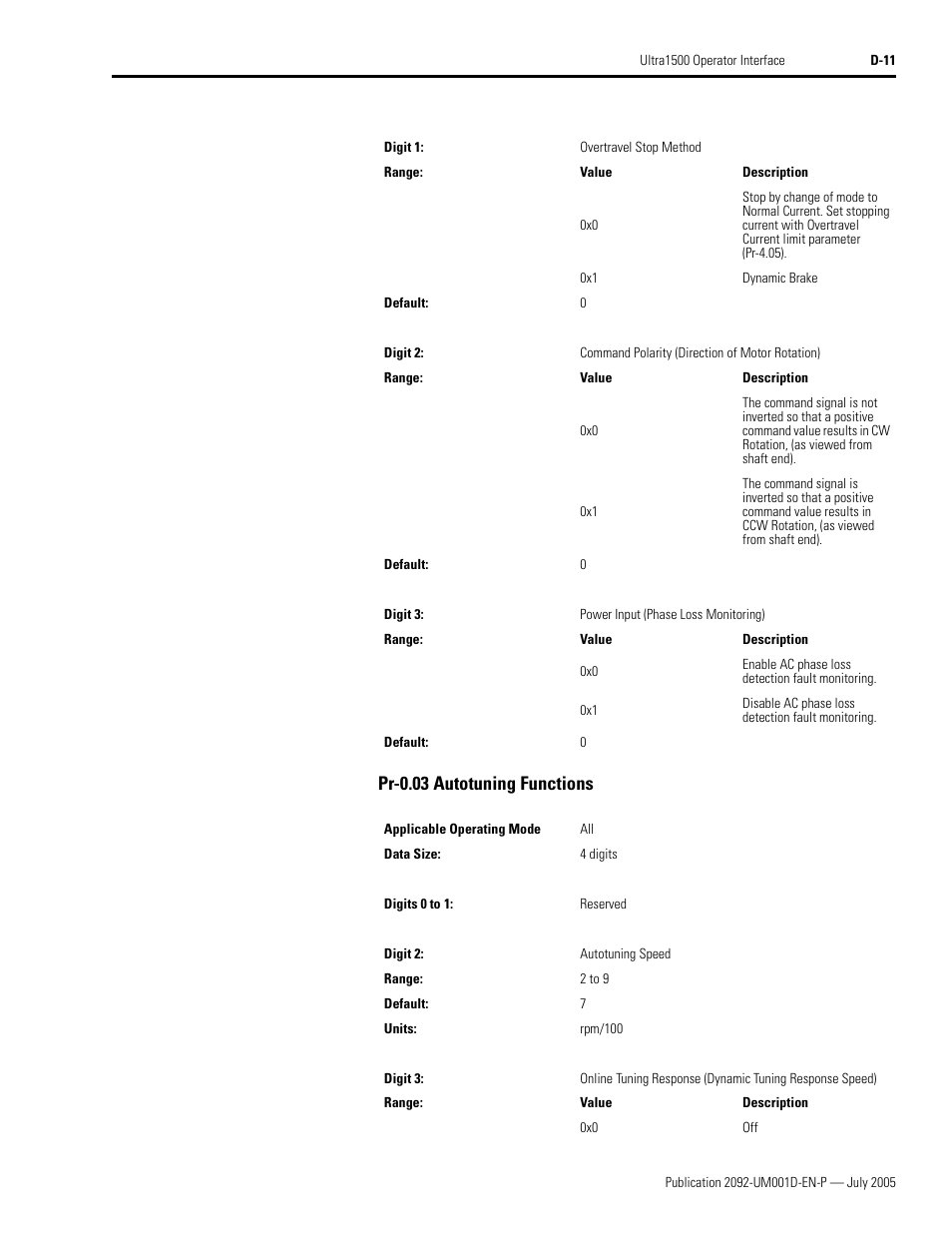 Pr-0.03 autotuning functions | Rockwell Automation 2092-DAx Ultra1500 User Manual User Manual | Page 175 / 204