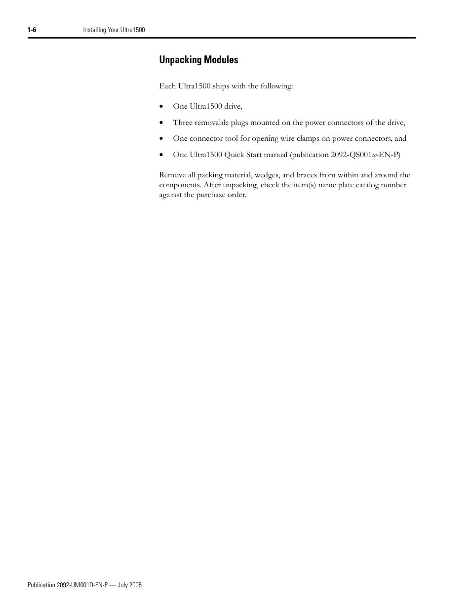 Unpacking modules, Unpacking modules -6 | Rockwell Automation 2092-DAx Ultra1500 User Manual User Manual | Page 18 / 204