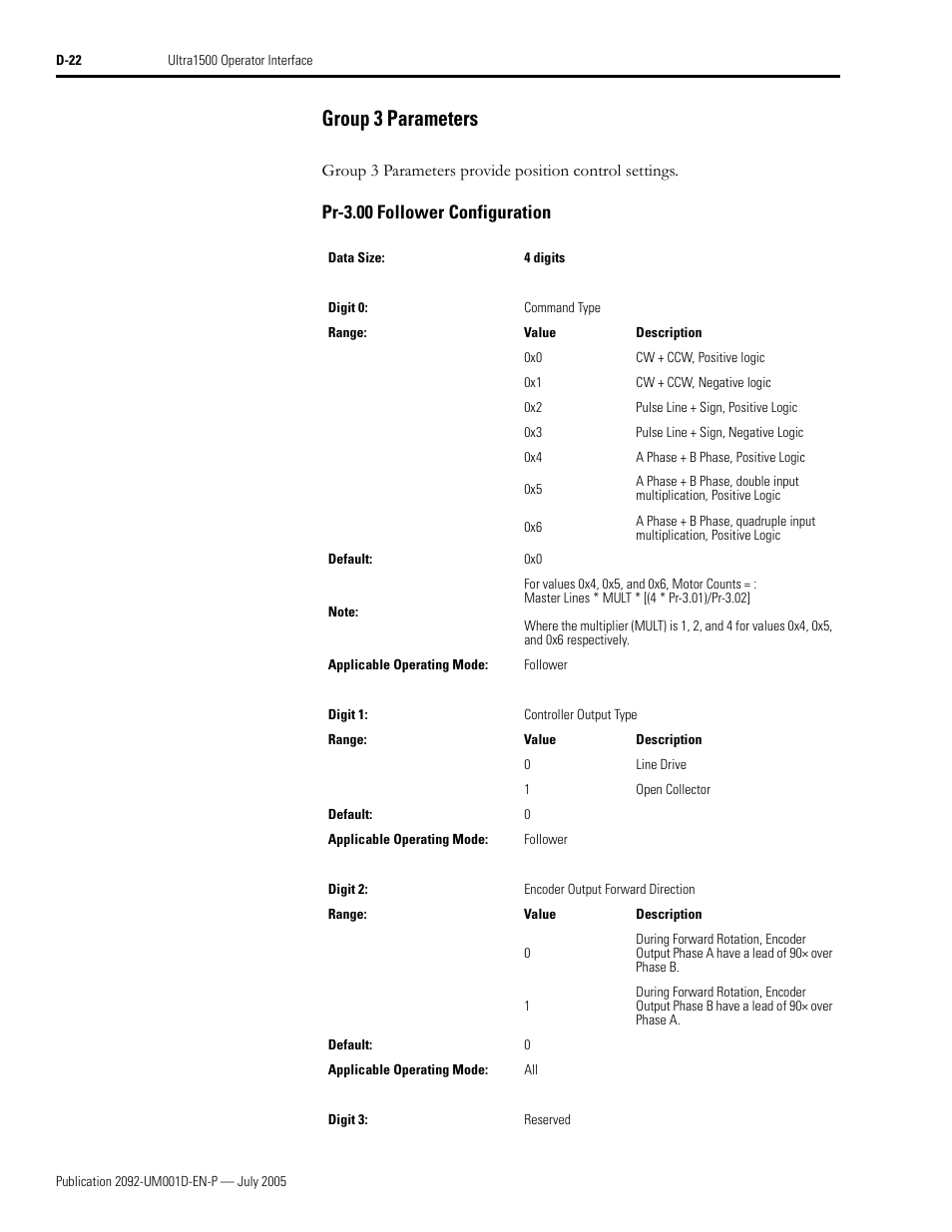 Group 3 parameters, Pr-3.00 follower configuration | Rockwell Automation 2092-DAx Ultra1500 User Manual User Manual | Page 186 / 204