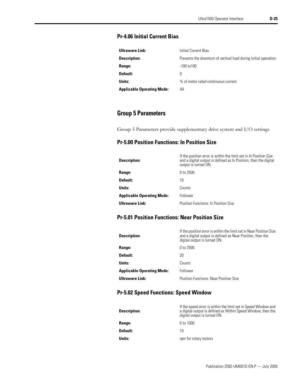 Group 5 parameters, Pr-4.06 initial current bias | Rockwell Automation 2092-DAx Ultra1500 User Manual User Manual | Page 189 / 204