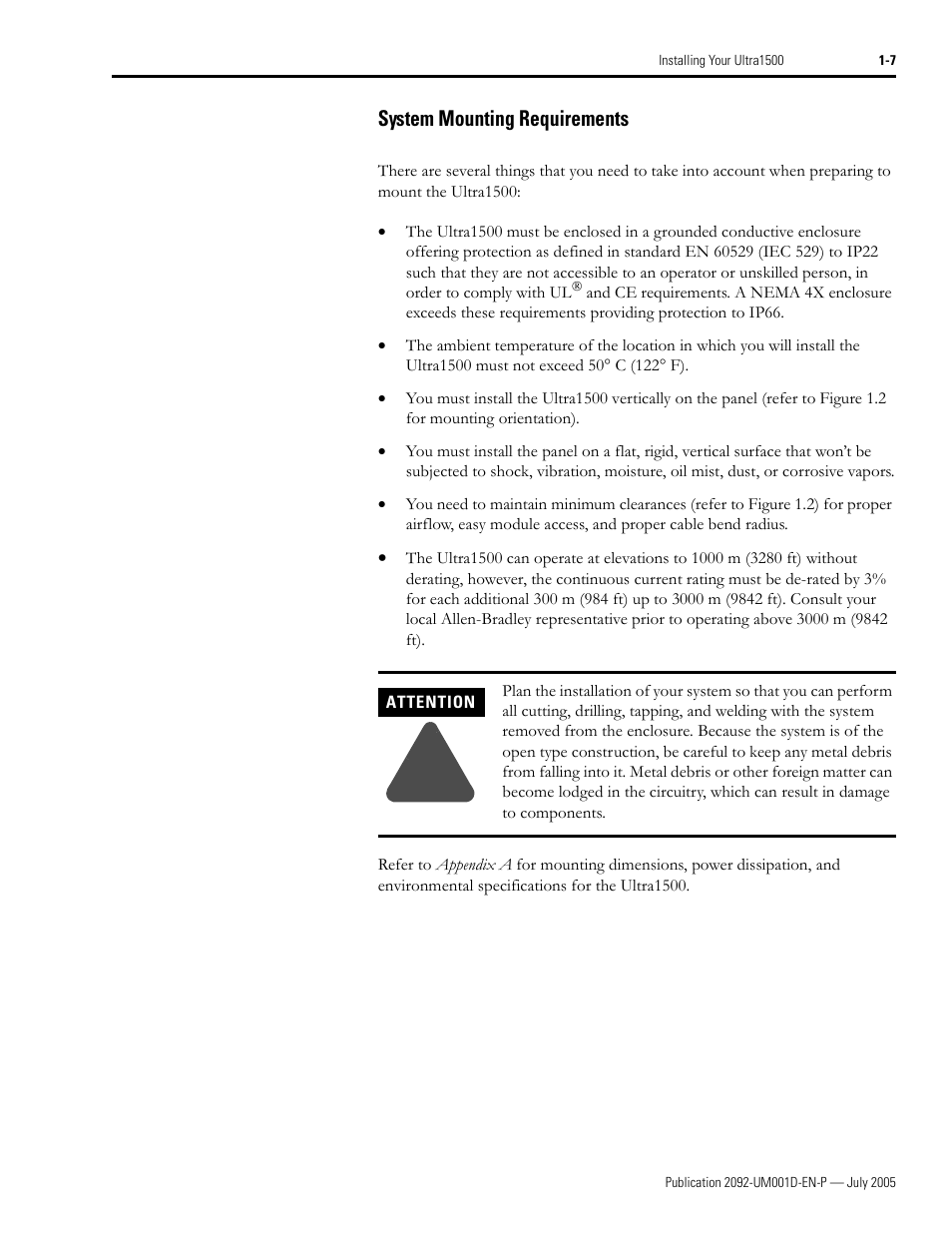 System mounting requirements, System mounting requirements -7 | Rockwell Automation 2092-DAx Ultra1500 User Manual User Manual | Page 19 / 204