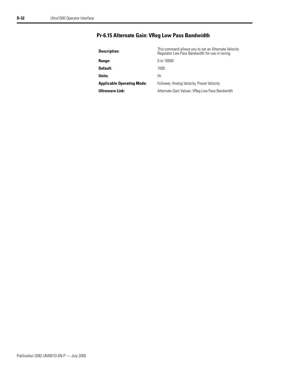 Pr-6.15 alternate gain: vreg low pass bandwidth | Rockwell Automation 2092-DAx Ultra1500 User Manual User Manual | Page 196 / 204