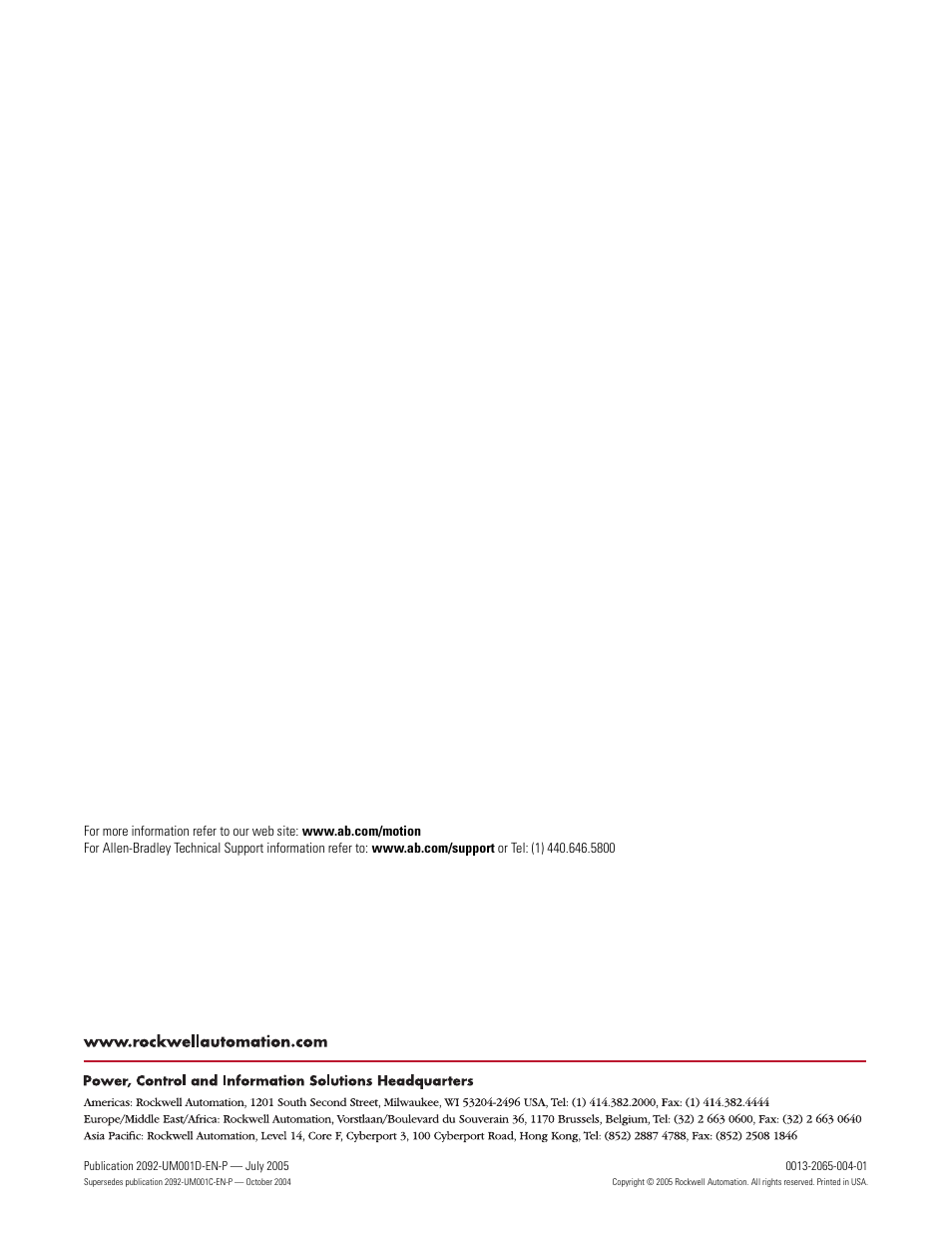 Web sites, Literature library, Motion control - integrated | Technical support, Rockwell automation - home, Back, Cover-2 | Rockwell Automation 2092-DAx Ultra1500 User Manual User Manual | Page 204 / 204