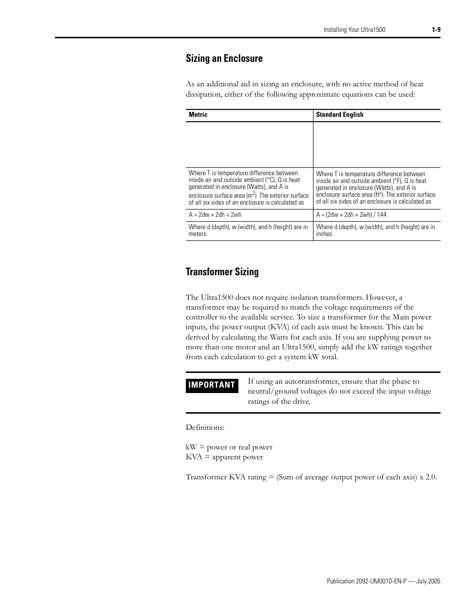 Sizing an enclosure, Transformer sizing, Sizing an enclosure -9 transformer sizing -9 | Rockwell Automation 2092-DAx Ultra1500 User Manual User Manual | Page 21 / 204