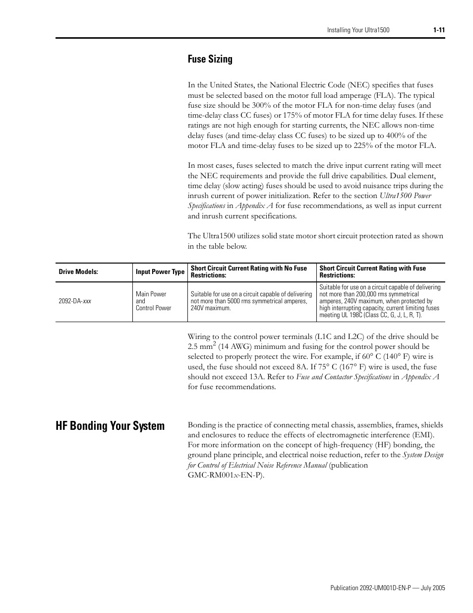 Fuse sizing, Hf bonding your system, Fuse sizing -11 | Hf bonding your system -11 | Rockwell Automation 2092-DAx Ultra1500 User Manual User Manual | Page 23 / 204