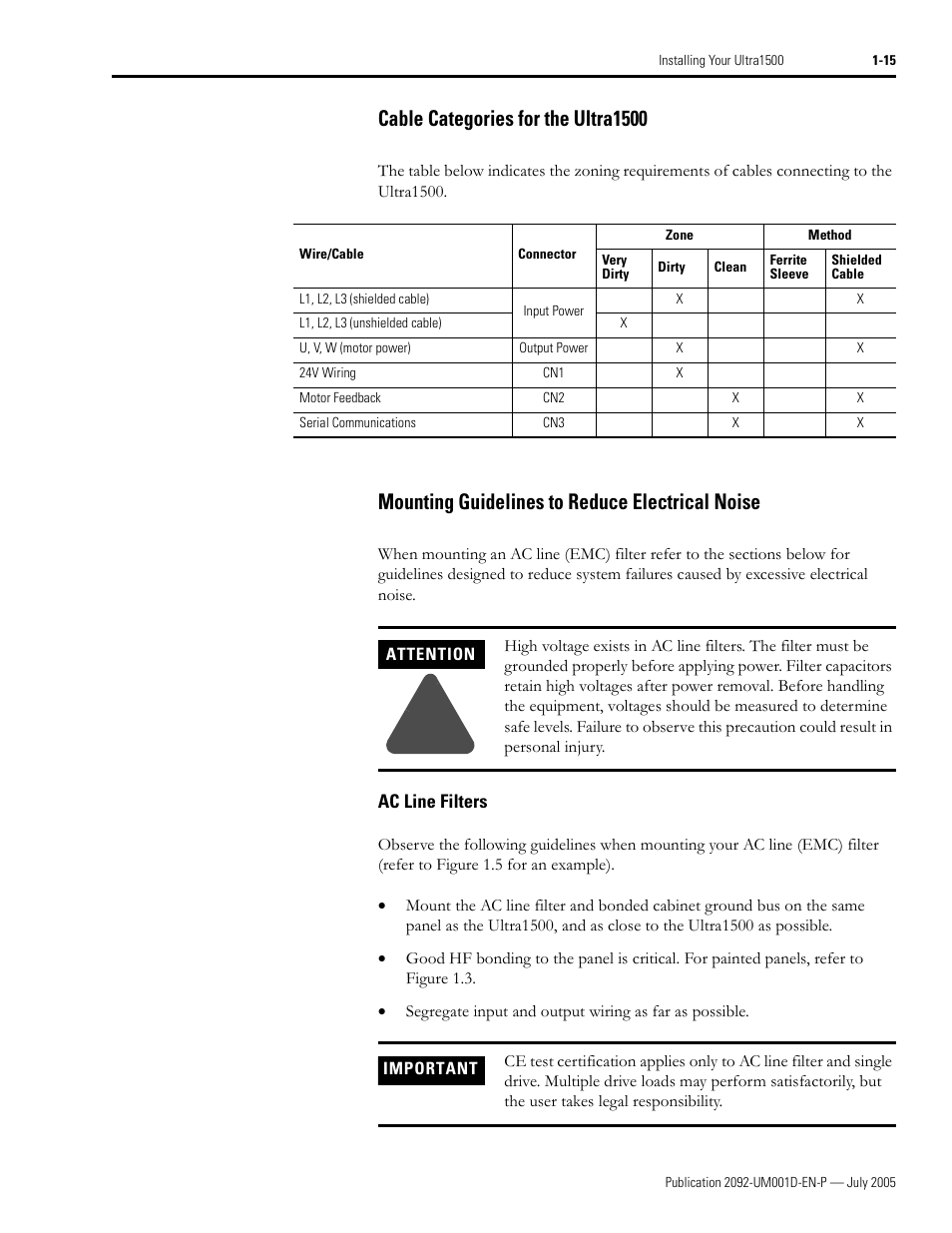 Cable categories for the ultra1500, Mounting guidelines to reduce electrical noise, Ac line filters | Ac line filters -15 | Rockwell Automation 2092-DAx Ultra1500 User Manual User Manual | Page 27 / 204