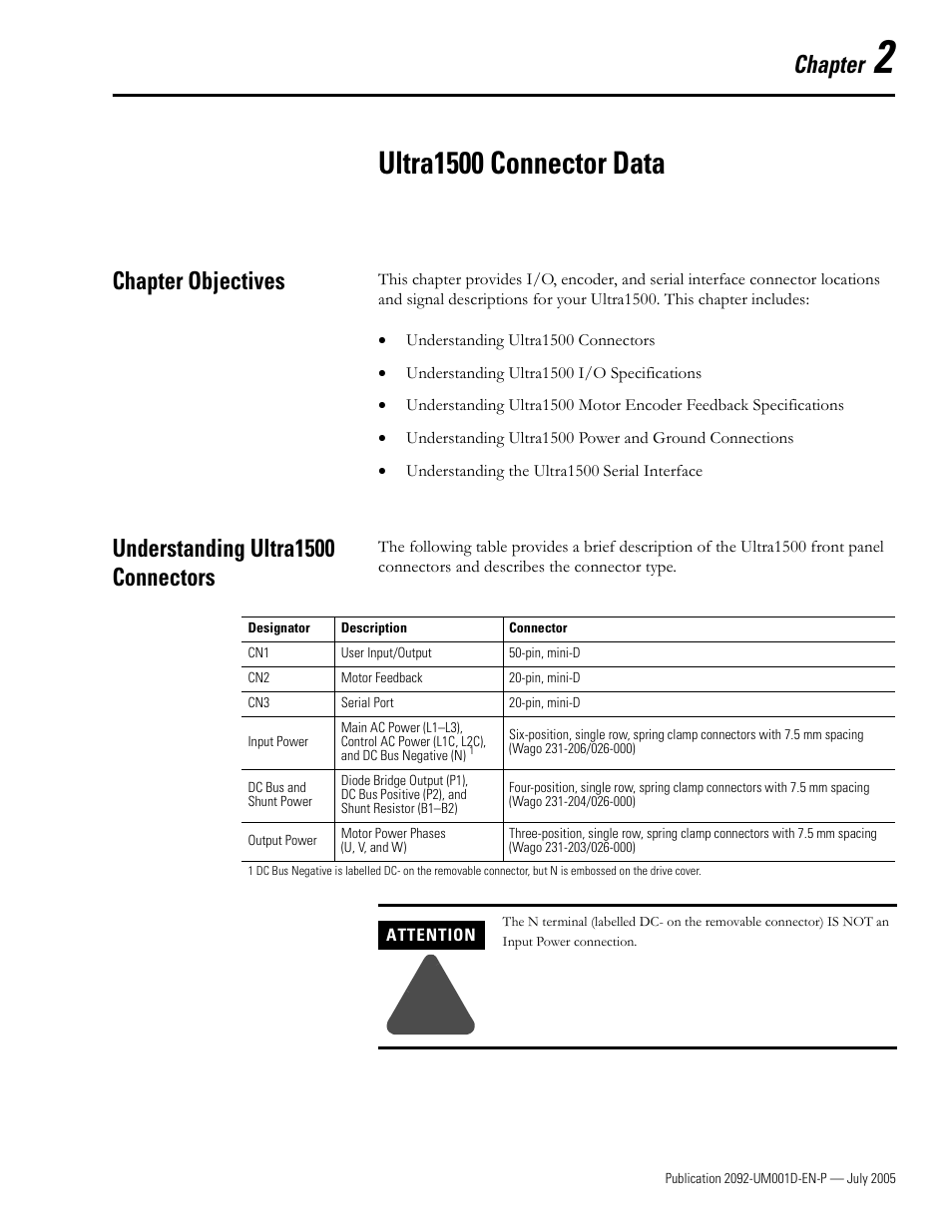 2 - ultra1500 connector data, Chapter objectives, Understanding ultra1500 connectors | Chapter 2, Ultra1500 connector data, Chapter | Rockwell Automation 2092-DAx Ultra1500 User Manual User Manual | Page 31 / 204