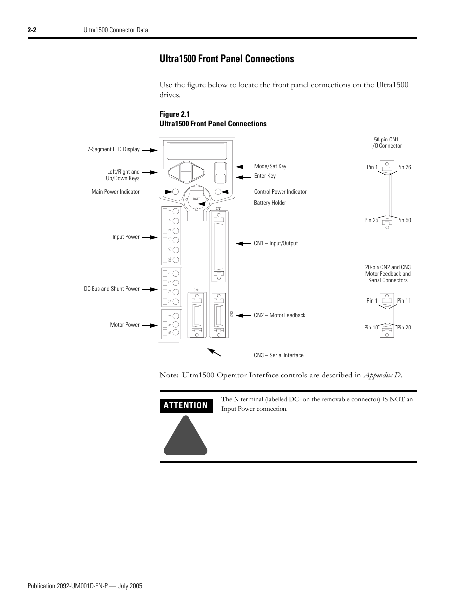 Ultra1500 front panel connections, Ultra1500 front panel connections -2, Attention | Rockwell Automation 2092-DAx Ultra1500 User Manual User Manual | Page 32 / 204