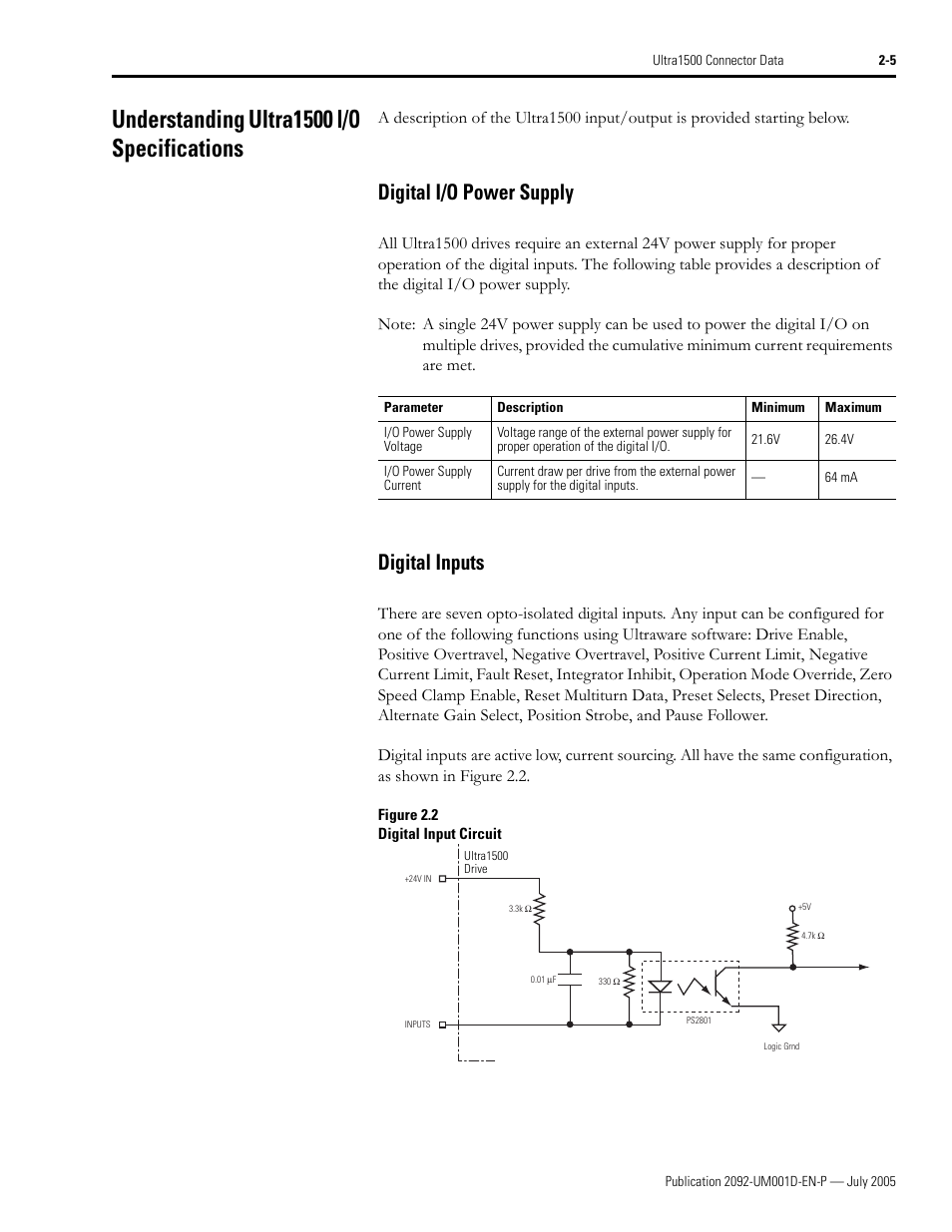 Understanding ultra1500 i/o specifications, Digital i/o power supply, Digital inputs | Understanding ultra1500 i/o specifications -5, Digital i/o power supply -5 digital inputs -5 | Rockwell Automation 2092-DAx Ultra1500 User Manual User Manual | Page 35 / 204