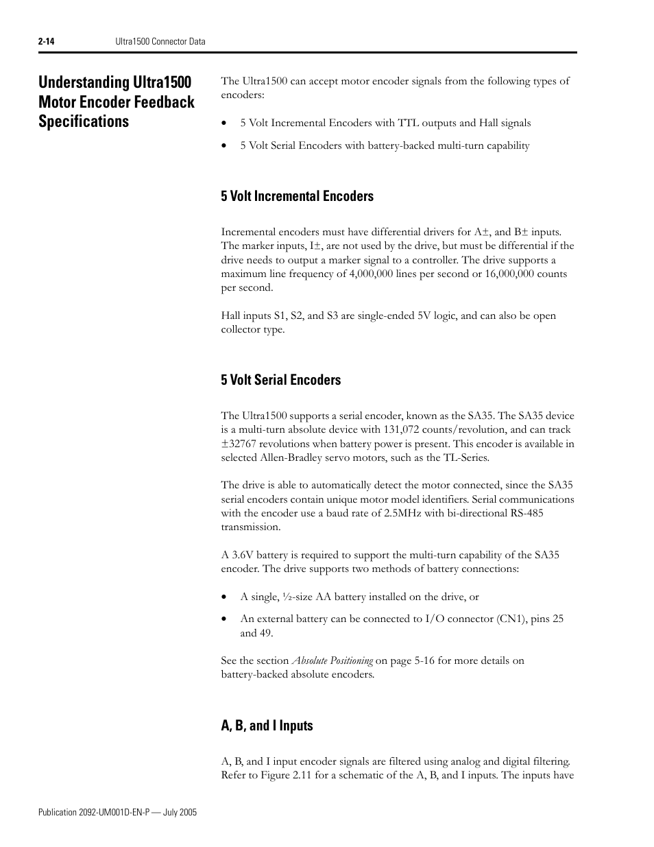 5 volt incremental encoders, 5 volt serial encoders, A, b, and i inputs | Rockwell Automation 2092-DAx Ultra1500 User Manual User Manual | Page 44 / 204