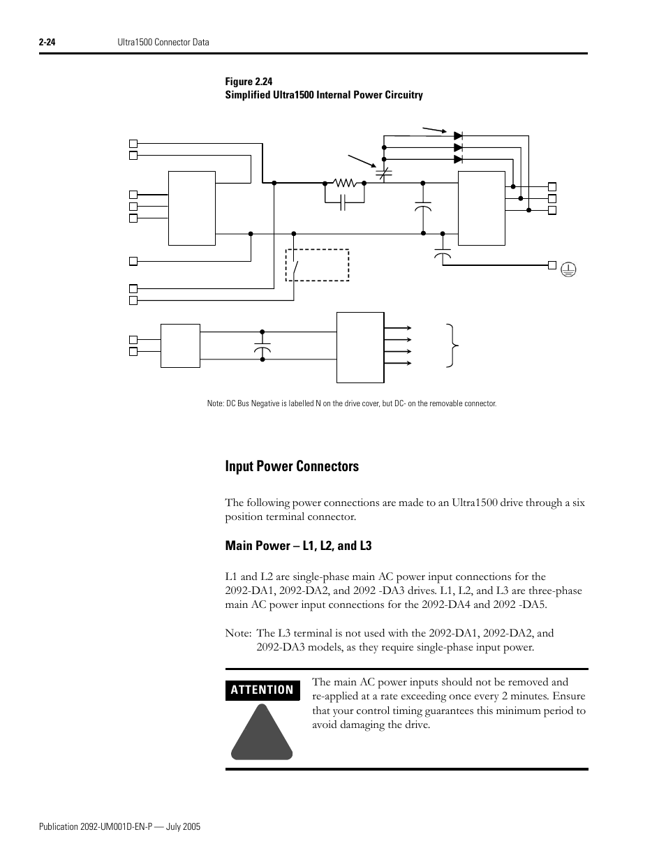 Input power connectors, Main power - l1, l2, and l3, Input power connectors -24 | Main power – l1, l2, and l3 -24, Main power – l1, l2, and l3, Attention | Rockwell Automation 2092-DAx Ultra1500 User Manual User Manual | Page 54 / 204