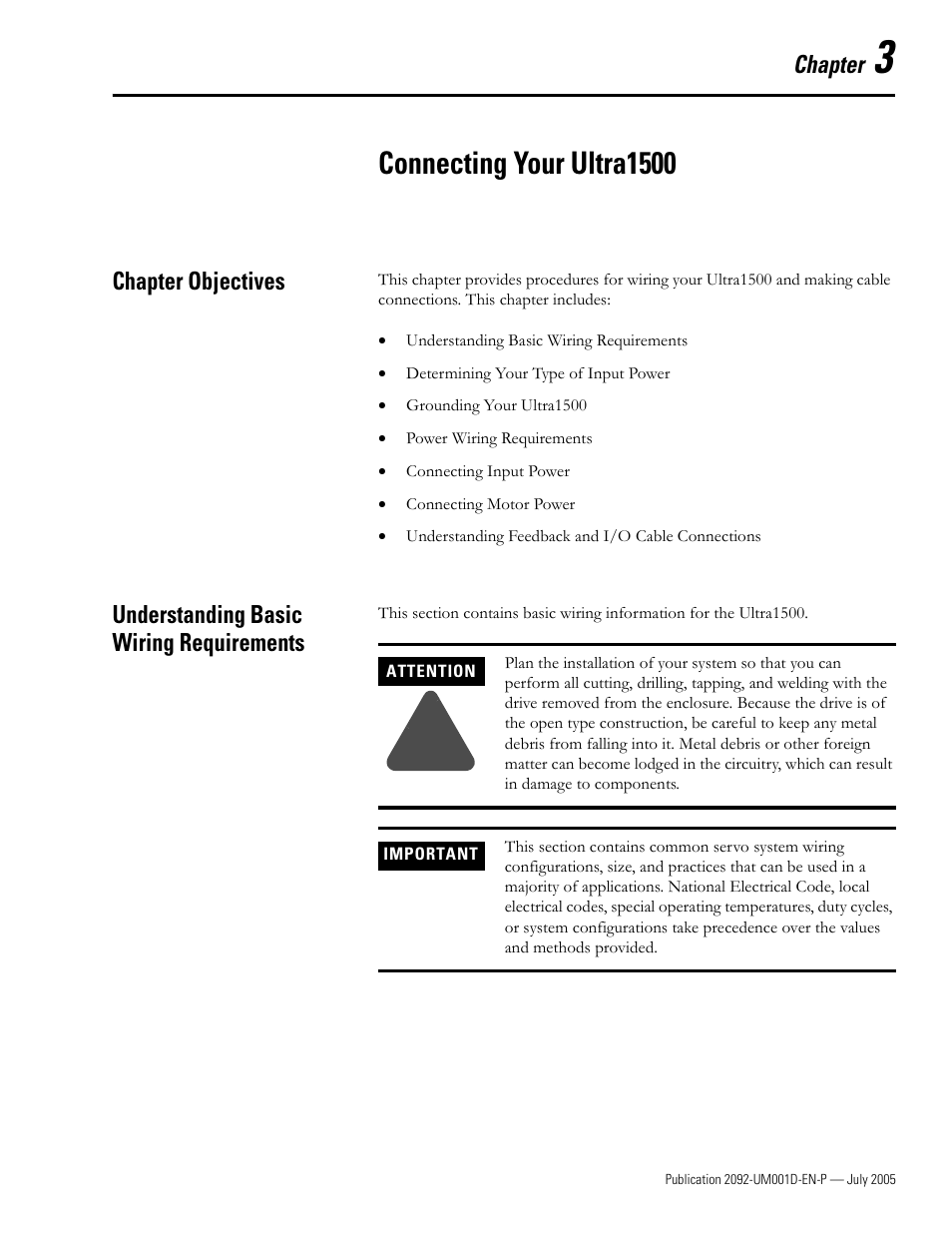 3 - connecting your ultra1500, Chapter objectives, Understanding basic wiring requirements | Chapter 3, Connecting your ultra1500 | Rockwell Automation 2092-DAx Ultra1500 User Manual User Manual | Page 59 / 204