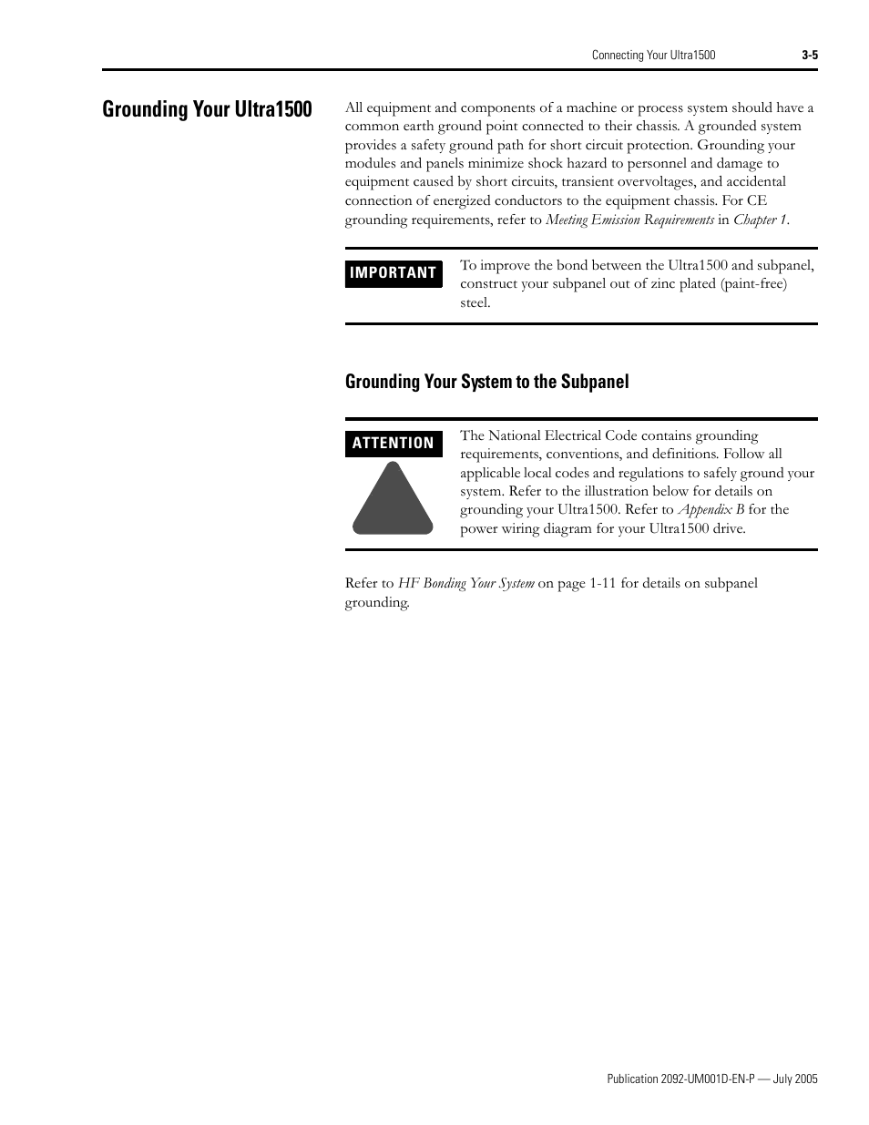 Grounding your ultra1500, Grounding your system to the subpanel, Grounding your ultra1500 -5 | Grounding your system to the subpanel -5 | Rockwell Automation 2092-DAx Ultra1500 User Manual User Manual | Page 63 / 204