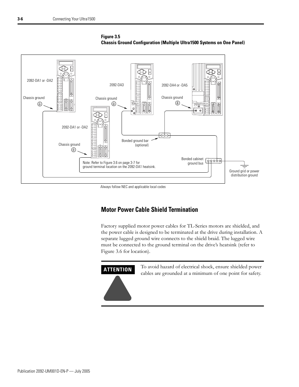 Motor power cable shield termination, Motor power cable shield termination -6, Attention | Rockwell Automation 2092-DAx Ultra1500 User Manual User Manual | Page 64 / 204