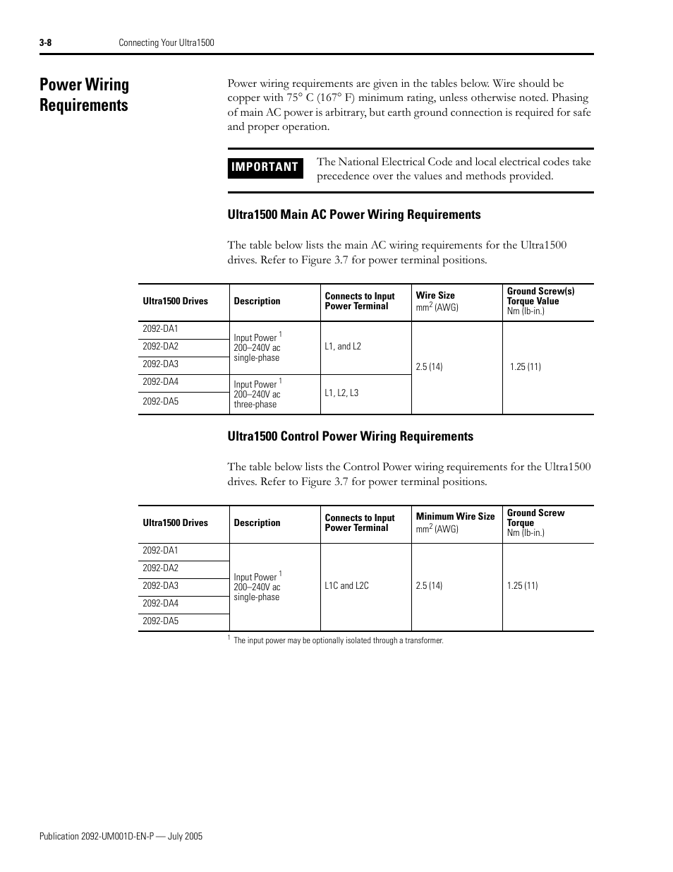 Power wiring requirements, Ultra1500 main ac power wiring requirements, Ultra1500 control power wiring requirements | Power wiring requirements -8 | Rockwell Automation 2092-DAx Ultra1500 User Manual User Manual | Page 66 / 204