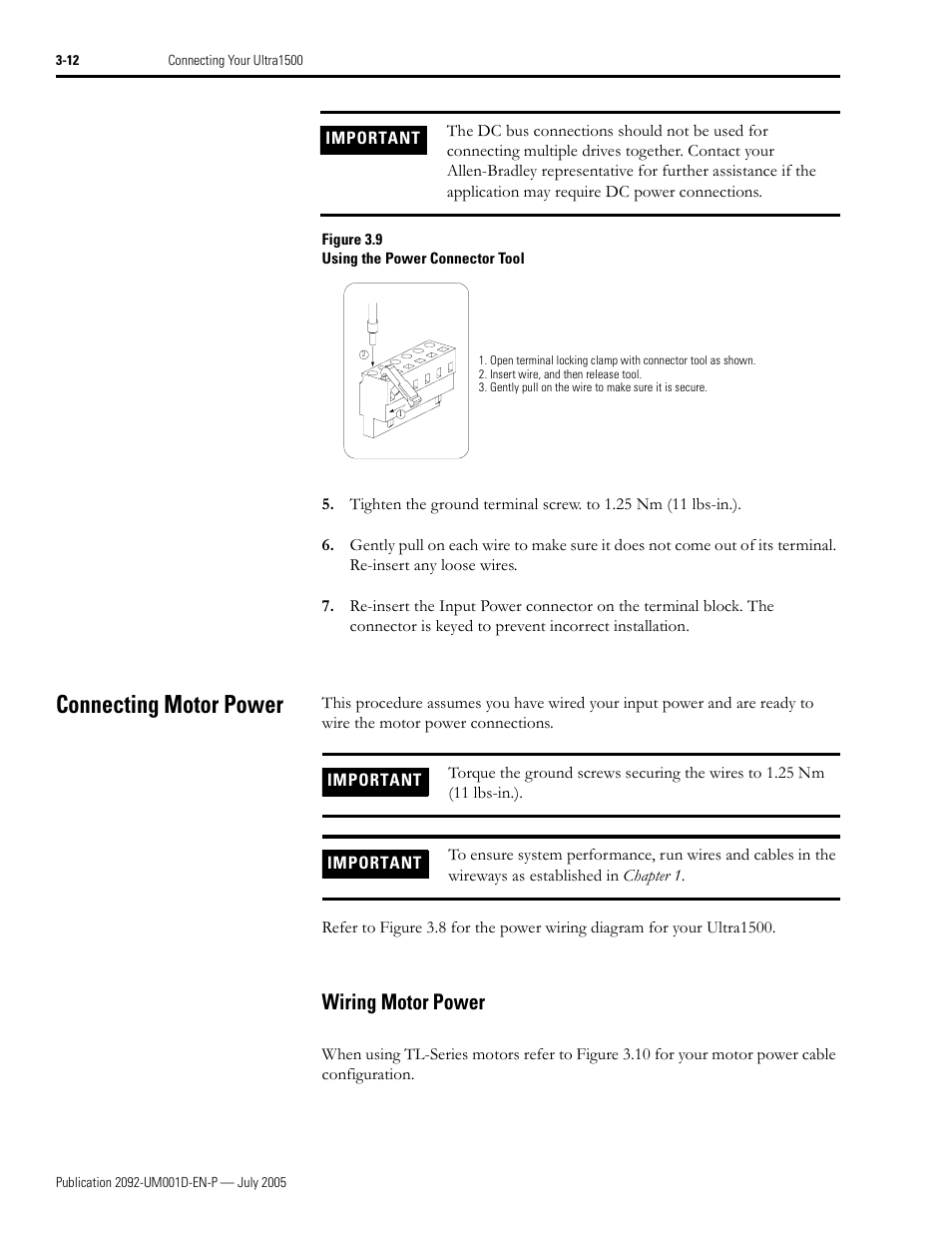 Connecting motor power, Wiring motor power, Connecting motor power -12 | Wiring motor power -12, Figure 3.9) | Rockwell Automation 2092-DAx Ultra1500 User Manual User Manual | Page 70 / 204