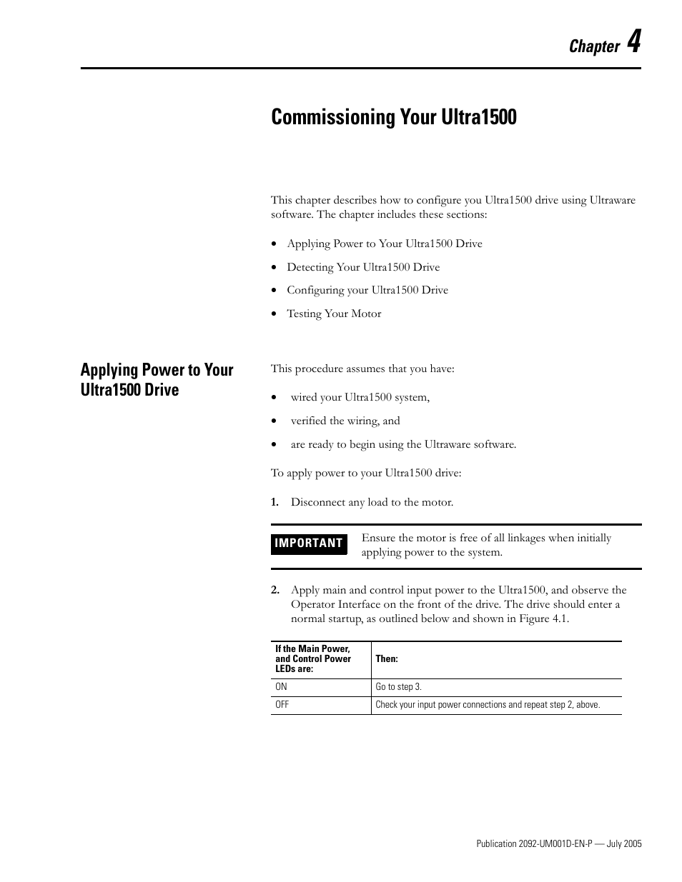 4 - commissioning your ultra1500, Applying power to your ultra1500 drive, Chapter 4 | Commissioning your ultra1500, Applying power to your ultra1500 drive -1, Chapter | Rockwell Automation 2092-DAx Ultra1500 User Manual User Manual | Page 73 / 204