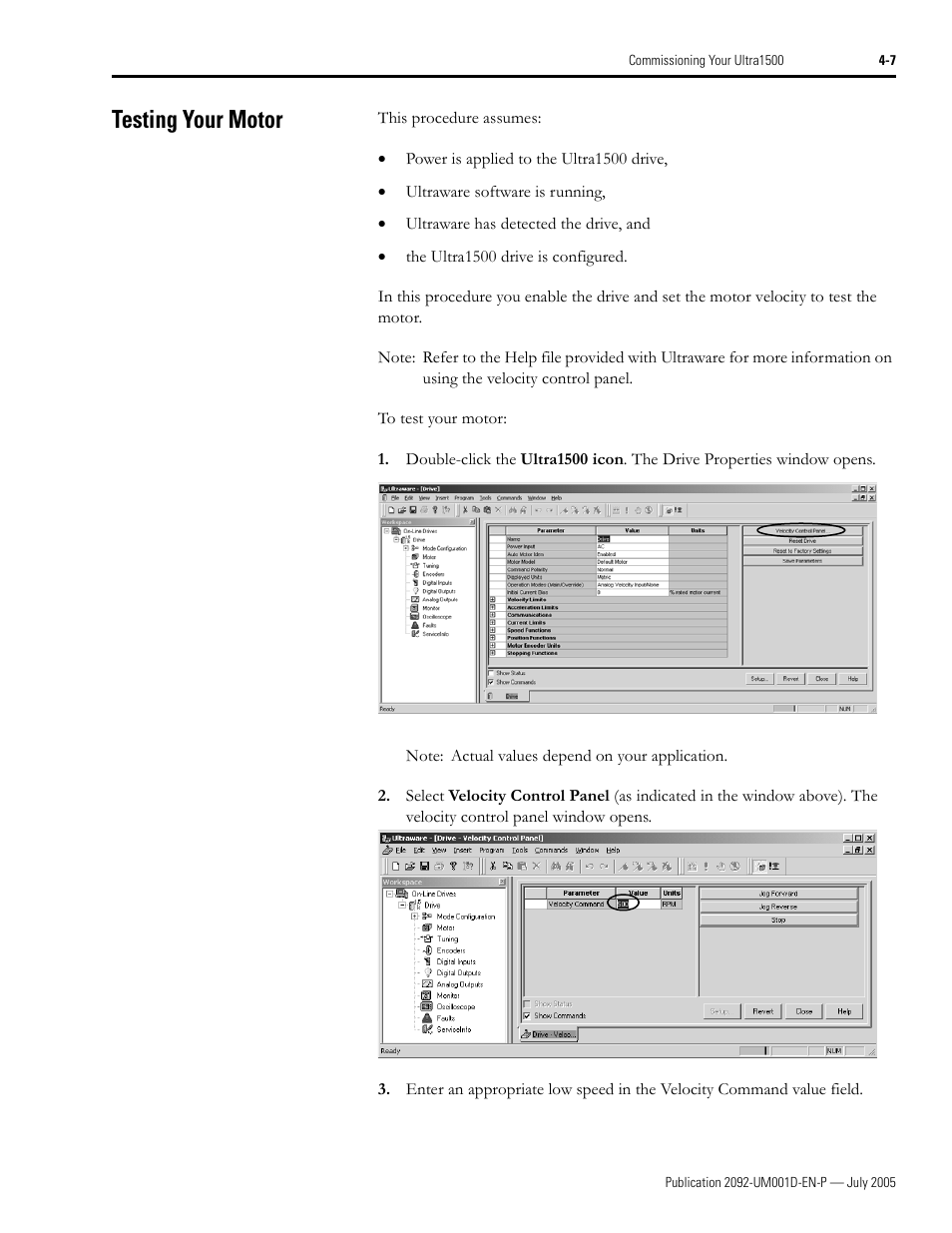 Testing your motor, Testing your motor -7 | Rockwell Automation 2092-DAx Ultra1500 User Manual User Manual | Page 79 / 204