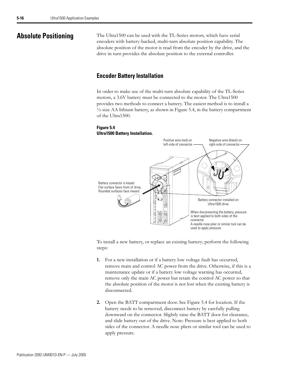 Absolute positioning, Encoder battery installation, Absolute positioning -16 | Encoder battery installation -16, Absolute positioning on, 16 fo | Rockwell Automation 2092-DAx Ultra1500 User Manual User Manual | Page 96 / 204