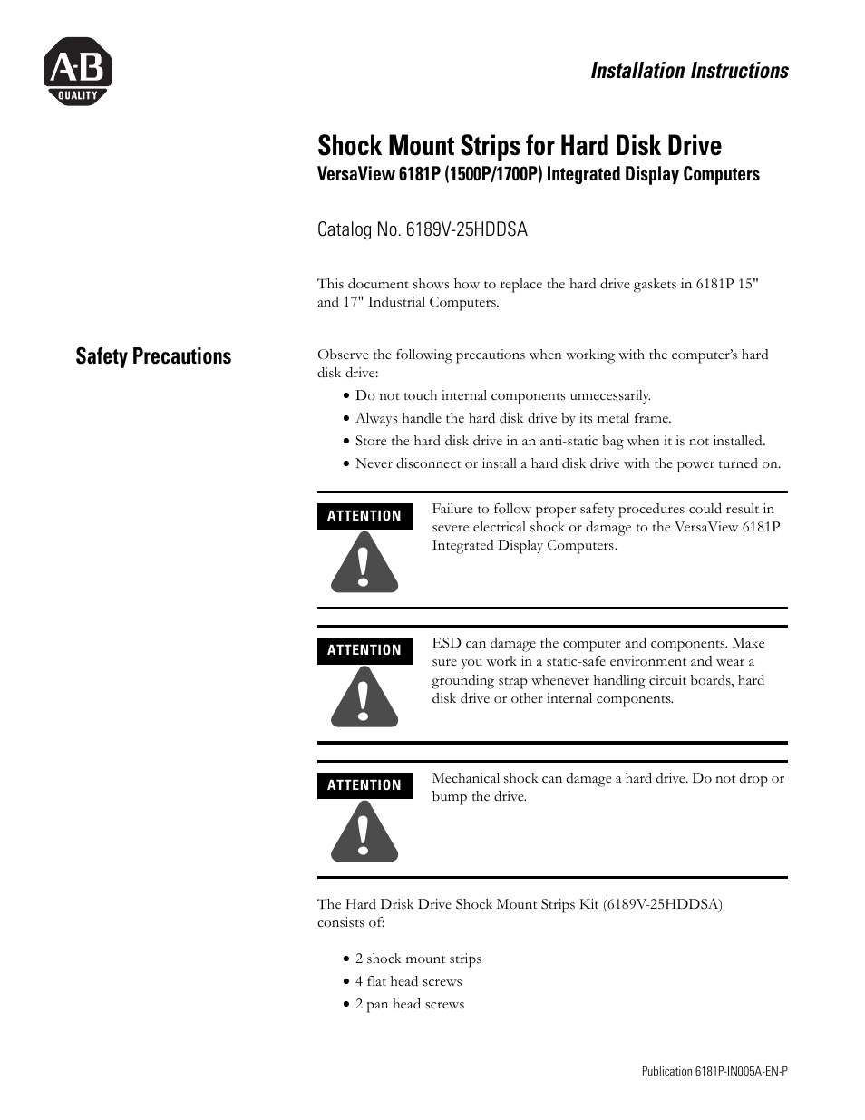 Rockwell Automation 6189V-25HDDSA Replacing Hard Disk Drive Shock Mounting Strips User Manual | 4 pages