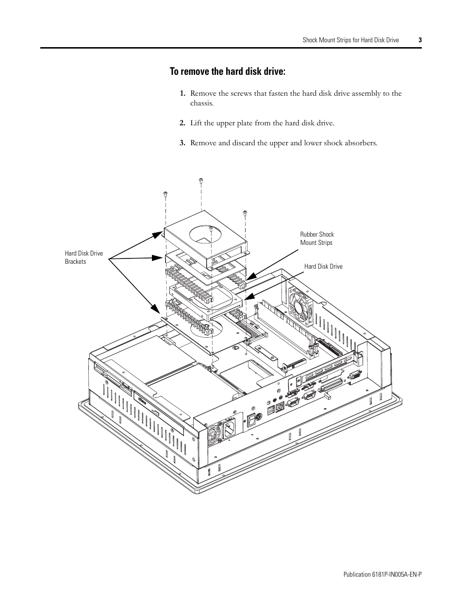 Removing hard disk drive | Rockwell Automation 6189V-25HDDSA Replacing Hard Disk Drive Shock Mounting Strips User Manual | Page 3 / 4