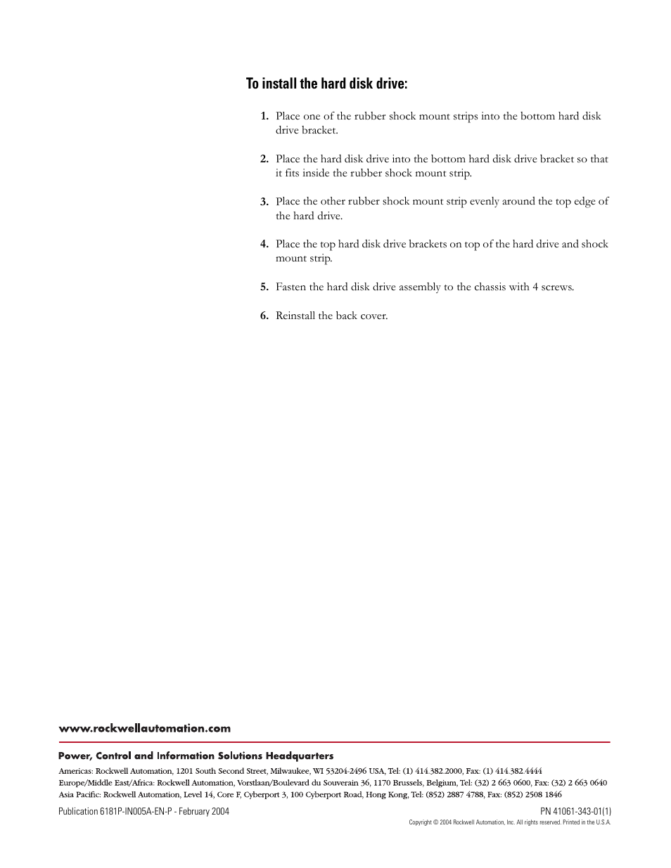 Installing hard disk drive, Back cover | Rockwell Automation 6189V-25HDDSA Replacing Hard Disk Drive Shock Mounting Strips User Manual | Page 4 / 4