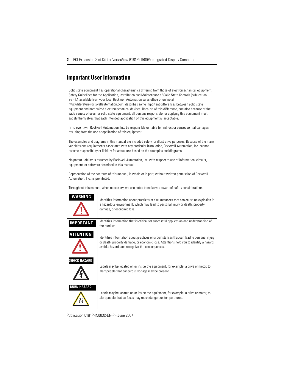 Important user information | Rockwell Automation 6189V-2PCI15R PCI Expansion Slot Kit User Manual | Page 2 / 12