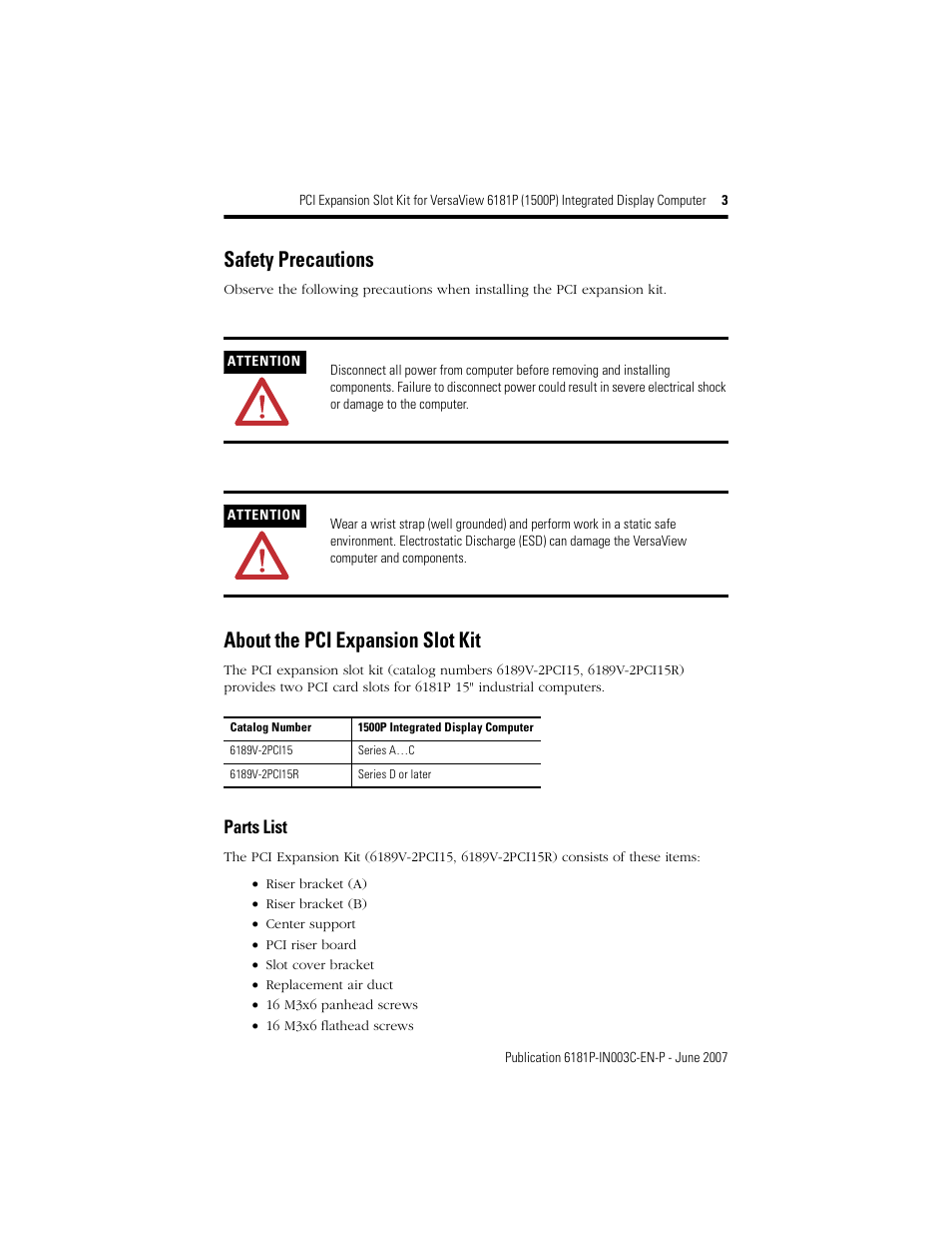 Safety precautions, About the pci expansion slot kit, Parts list | Rockwell Automation 6189V-2PCI15R PCI Expansion Slot Kit User Manual | Page 3 / 12