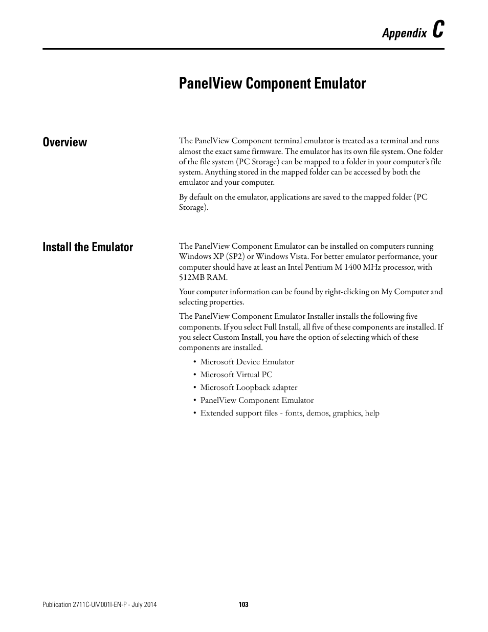 C - panelview component emulator, Overview, Install the emulator | Appendix c, Panelview component emulator, Overview install the emulator | Rockwell Automation 2711C-xxxx PanelView Component HMI Terminals User Manual | Page 103 / 146